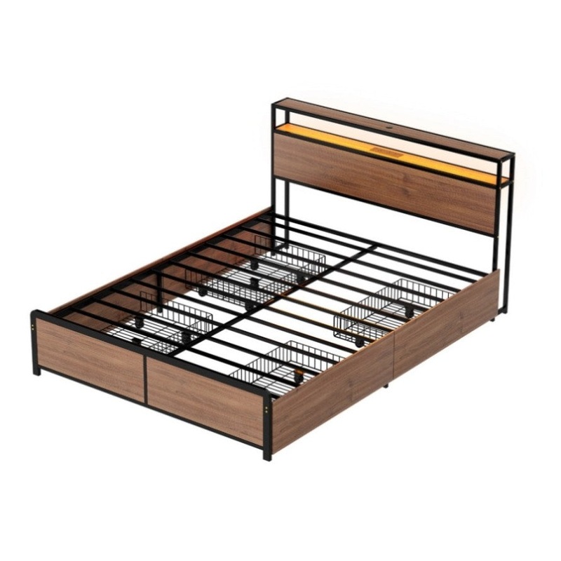 Artiss Metal Bed Frame Queen Size with 2-Tier Storage Headboard Metal Platform with 4 Storage MBED-C-SKY-Q-BK-ABC