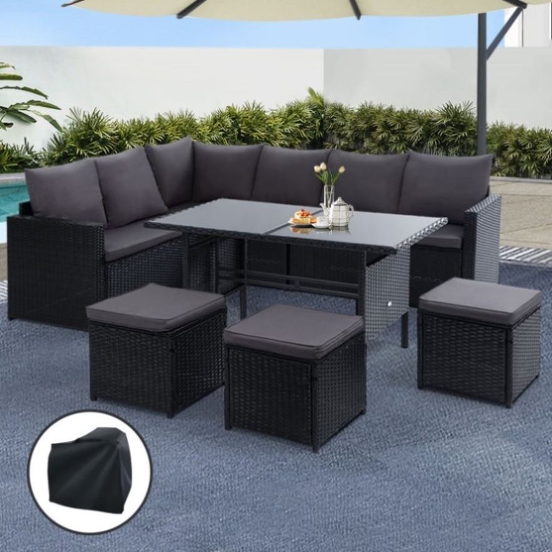 Gardeon Outdoor Dining Set Sofa Lounge Setting Chairs Table Ottoman Black Cover ODF-SDBOSS-3OTM-BK-COVER