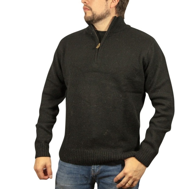 100% SHETLAND RAGG WOOL Half Zip Up Knit JUMPER Pullover Mens Sweater Knitted – Plain Black – 4XL V563-SW-HZ-FBK99B-4XL