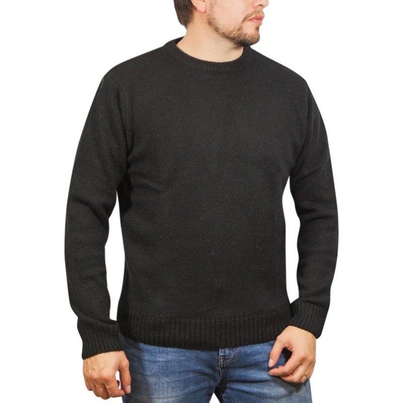 100% SHETLAND RAGG WOOL CREW Round Neck Knit JUMPER Pullover Mens Sweater Knitted – Plain Black – M V563-SW-CN-FBK-99B-M