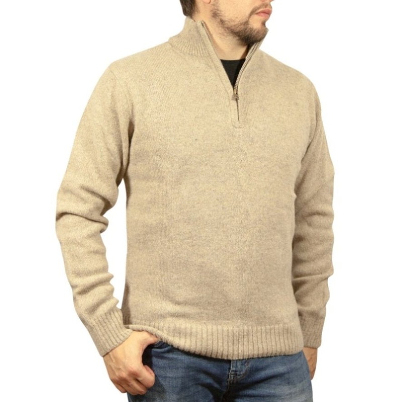 100% SHETLAND RAGG WOOL Half Zip Up Knit JUMPER Pullover Mens Sweater Knitted – Oat Marle – M V563-SW-HZ-OATMARLE03-M