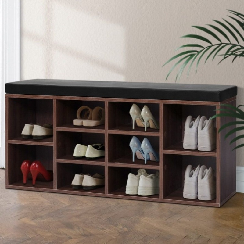 Artiss Shoe Rack Cabinet Bench 10 Cubes – Walnut FURNI-O-SHOE-BEN102-WAL