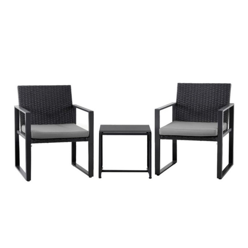 Gardeon 3PC Outdoor Bistro Set Patio Furniture Wicker Dining Chairs Table Cushion Black ODF-BISTRO-RATST-BK