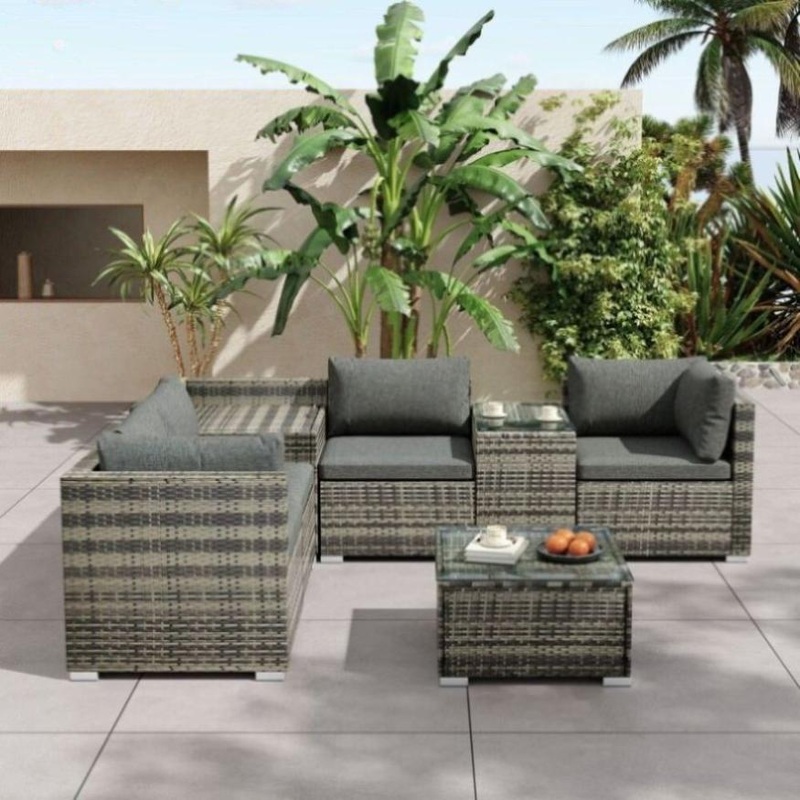 7PC Outdoor Wicker Lounge with Storage Corner V264-OTF-530S-LGR-OTF-508-LGR