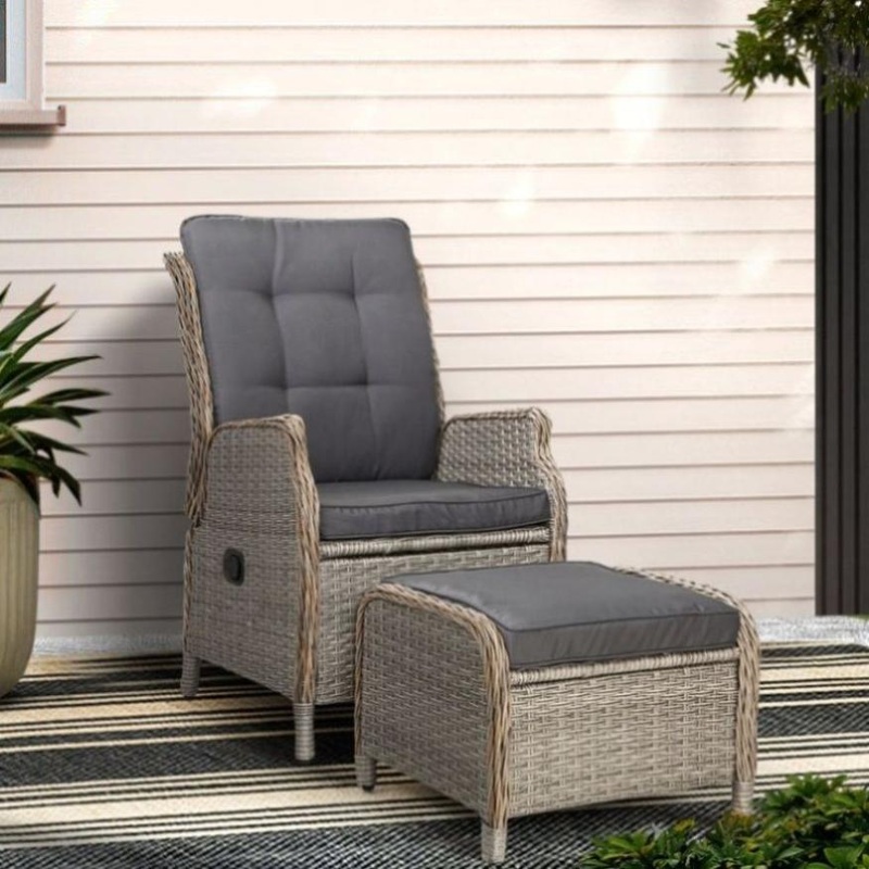 Gardeon Recliner Chair Sun lounge Wicker Lounger Outdoor Furniture Patio Adjustable Grey ODF-RCL-RW-CHOTM-GE