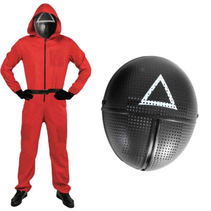 Adult Squid Game Guard Tracksuit Red Full Party Costume Set w/ Mask – Triangle Mask – S/M V563-12233_16811-02-S_M