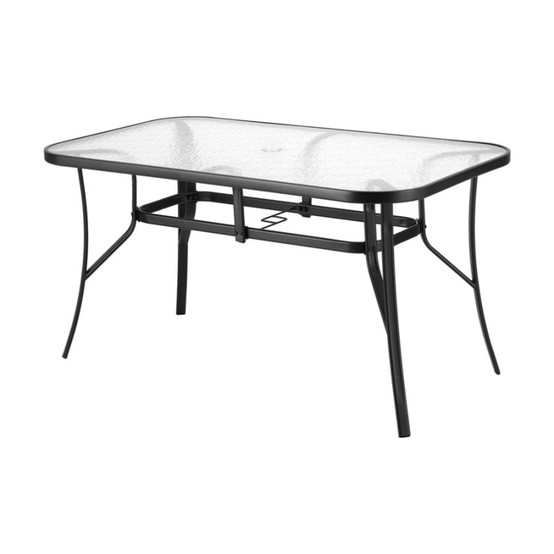 Gardeon 140CM Outdoor Dining Table Steel Frame Tempered Glass Parasol Hole Black ODF-DINTB-140