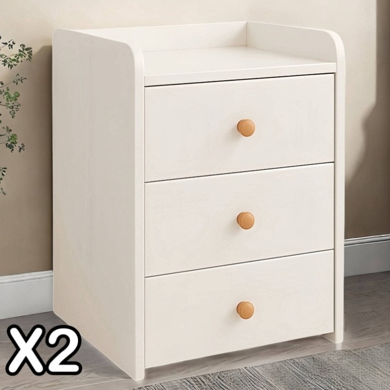 2x Bedside Table Pair White 3 Drawers Wooden Knobs Modern Minimalist Design V360-ZC-FNBT0069-WT-3D-47X2