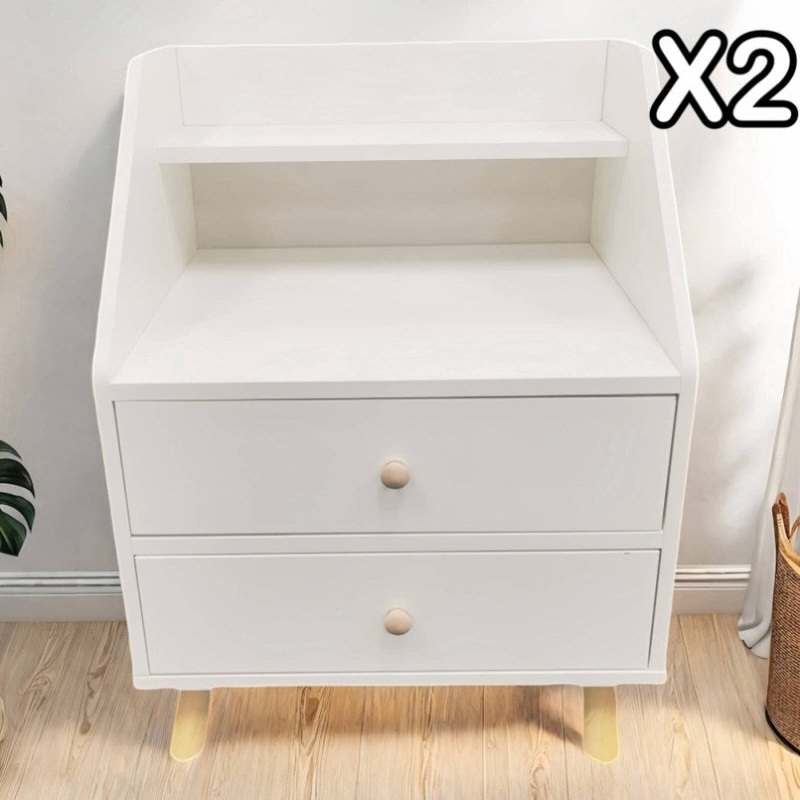2x Bedside table set modern design wooden legs white drawers furniture V360-ZC-FNBT0049-WT-2D-47X2