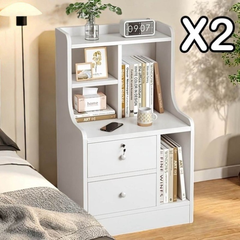 2x Bedside table set modern minimalist lockable drawer open storage unit V360-ZC-FNBT0040-WT-2D-1S-47X2