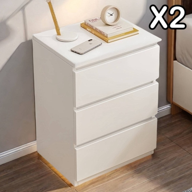 2x Modern bedside table set with drawers, minimalist design, white finish. V360-ZC-FNBT0052-WT-3D-47X2