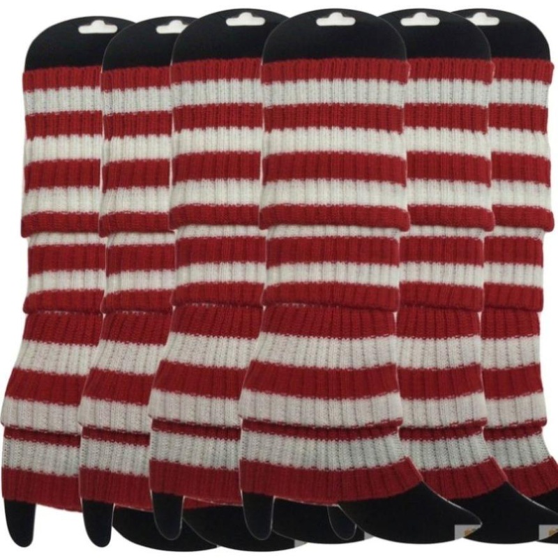 6x Womens Leg Warmers Disco Winter Knit Dance Party Crochet Legging Socks Costume – Red/White Stripe V563-BR-6LEGWARMRS-REDWHTSTR