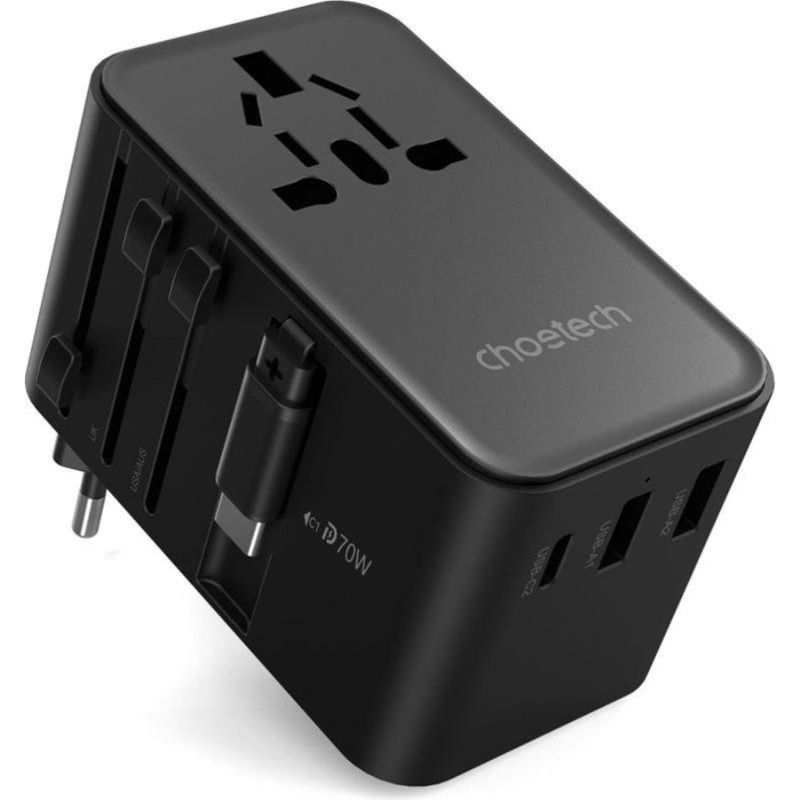 CHOETECH PD5022 70W EU/US/AUS/UK Travel Adapter with Built-in USB-C Cable – Black V28-ELECHOPD5022