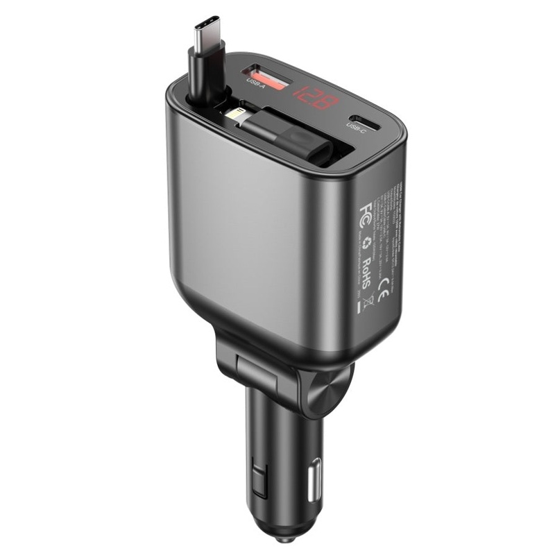 CHOETECH TC0033 105W USB-C+USB-A Fast car charger with Stretchable USB-C + Lightning cables V28-ELECHOTC0033