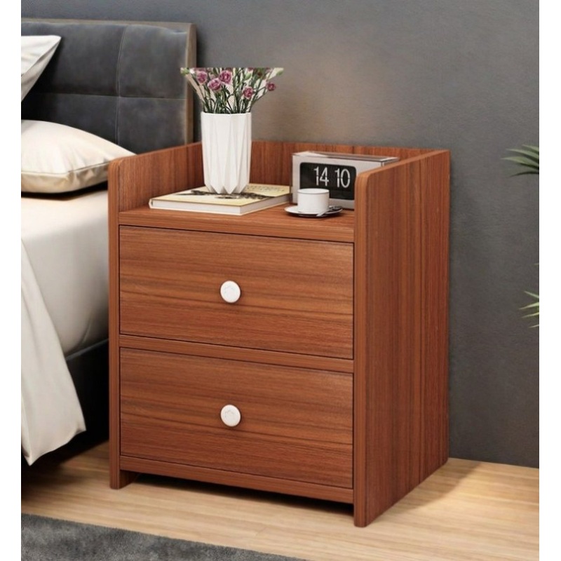 Classic Nightstand Walnut Wood Grain Double Drawer Tray Top White Handles V360-ZC-FNBT0069-BN-2D-47