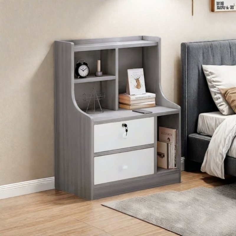 Light Gray Nightstand White Drawer Fronts Secure Storage Open Shelf 70cm V360-ZC-FNBT0040-GYWT-2D-1S-47