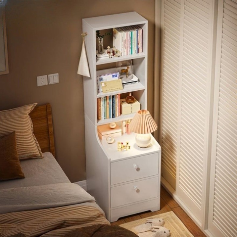 Minimalist Tall Bookshelf White Nightstand Cabinet with Drawers Curved Design V360-ZC-FNBT0037-WT-142-47
