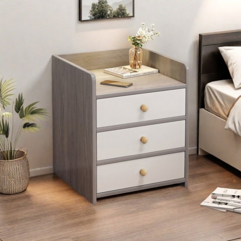 Modern Nightstand Light Gray Wood Grain Three Drawers Safety Tray Top Wooden Knobs V360-ZC-FNBT0069-GYWT-3D-47