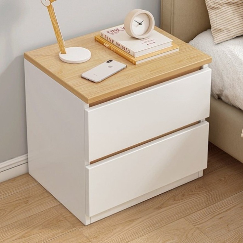 Modern Nightstand Oak Wood Grain Top White Cabinet Double Drawer Finger Pull V360-ZC-FNBT0052-WTBG-2D-47