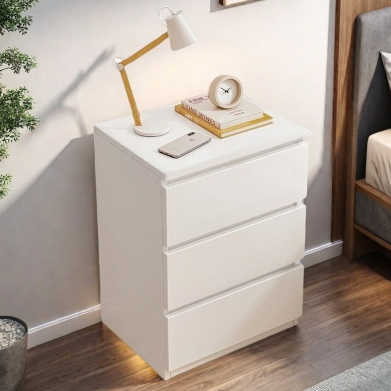 Modern Nightstand Warm White Triple Drawer Finger Pull Geometric Clean Lines V360-ZC-FNBT0052-WT-3D-47