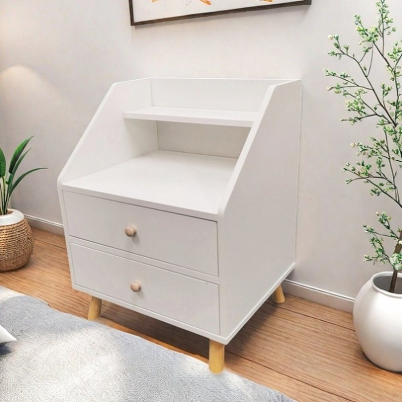 Warm White Nightstand Wooden Legs Knobs Open Storage Two Drawers Modern Design V360-ZC-FNBT0049-WT-2D-47
