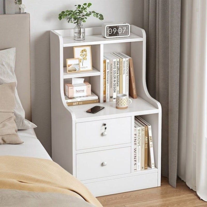 White Nightstand Security Drawer Open Shelf Storage Tray Wooden Knob Minimalist V360-ZC-FNBT0040-WT-2D-1S-47