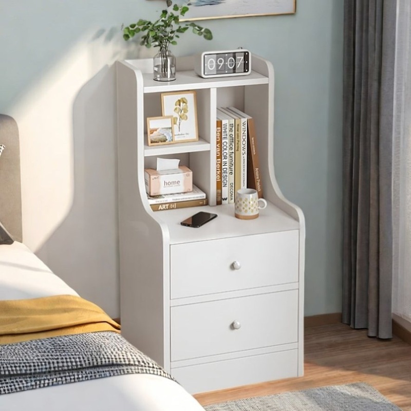 White Nightstand Wooden Knobs Divided Storage Sections Drawers Curved Sides V360-ZC-FNBT0040-2D-WT-47