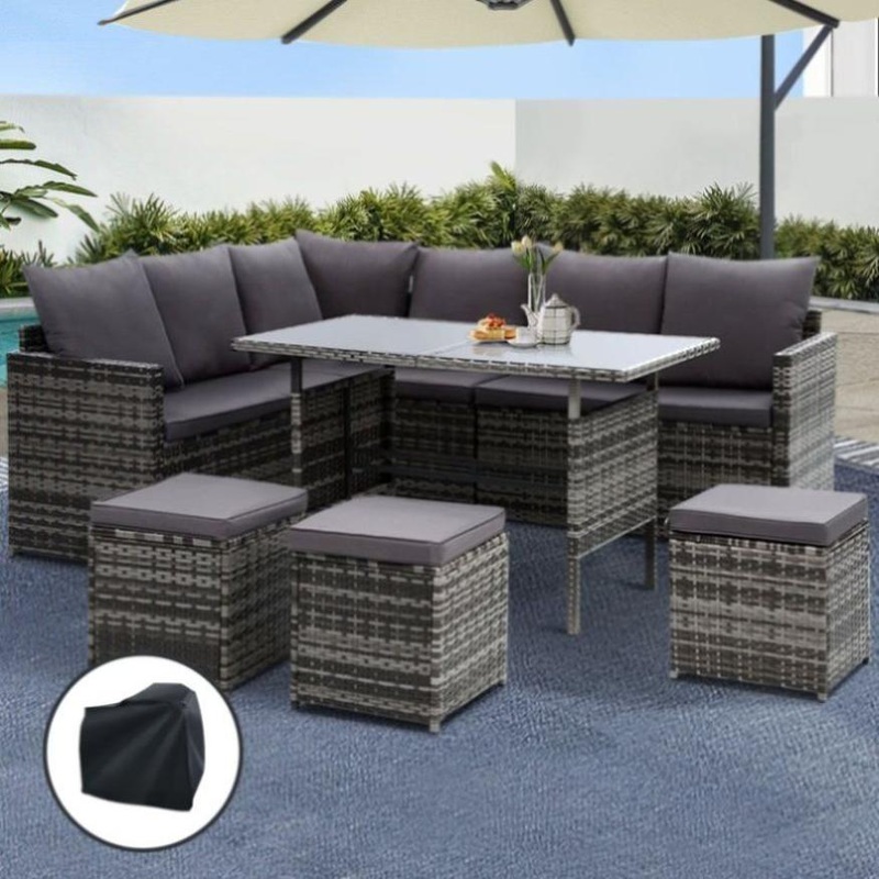 Gardeon Outdoor Dining Set Sofa Lounge Setting Chairs Table Ottoman Grey Cover ODF-SDBOSS-3OTM-GE-COVER