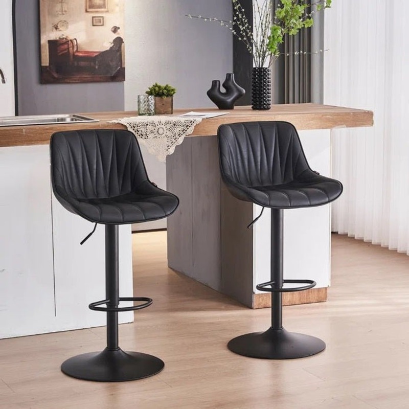 SERENIT Black Modern Height Adjustable Swivel Bar Stools Upholstered Leather Barstool Kitchen V255-BS8409-BLACK