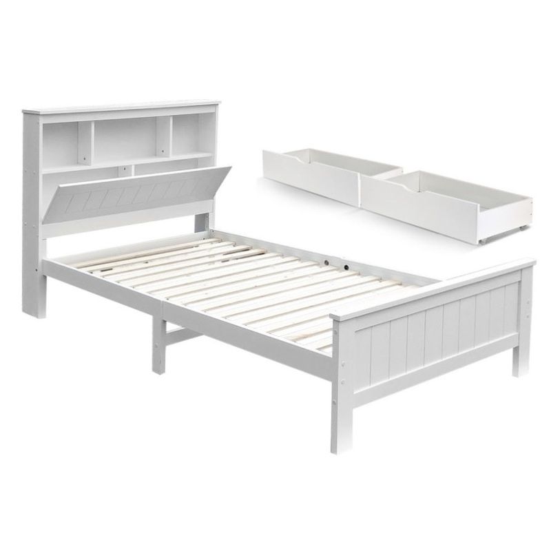 Artiss Bed Frame King Single Size Wooden with 2 Storage Drawers White WBED-D-S1-107-DRAW