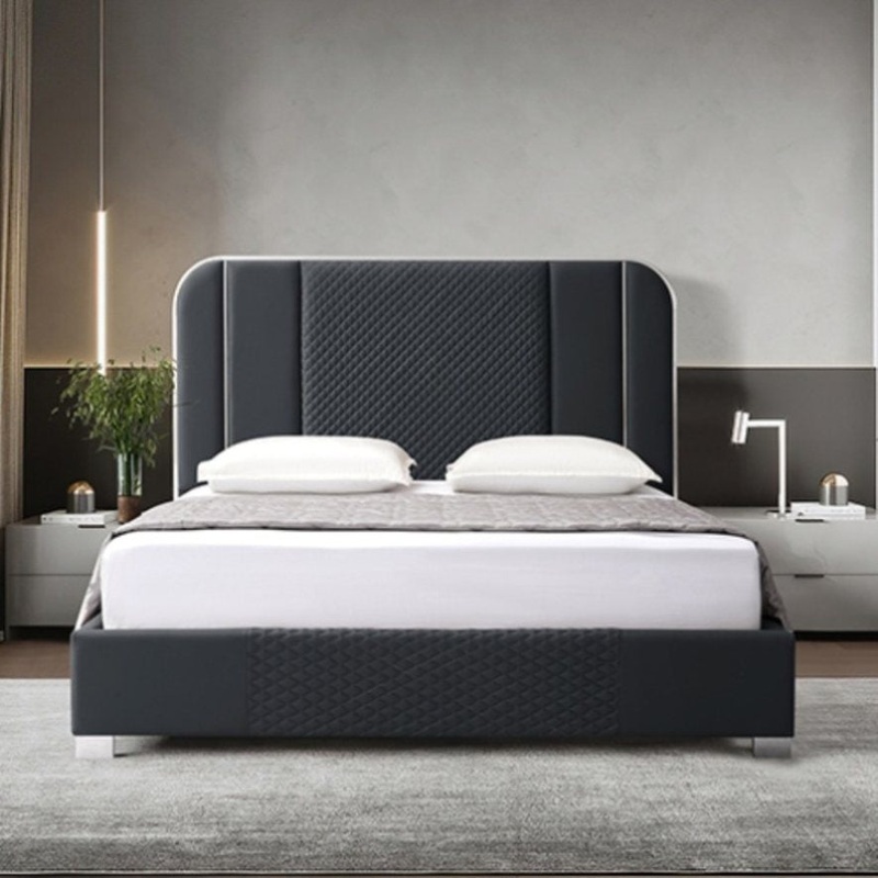 Halcyon Bed Frame Air Leather Padded Upholstery High Quality Slats Polished Stainless Steel Feet V43-BED-HAL-KBL