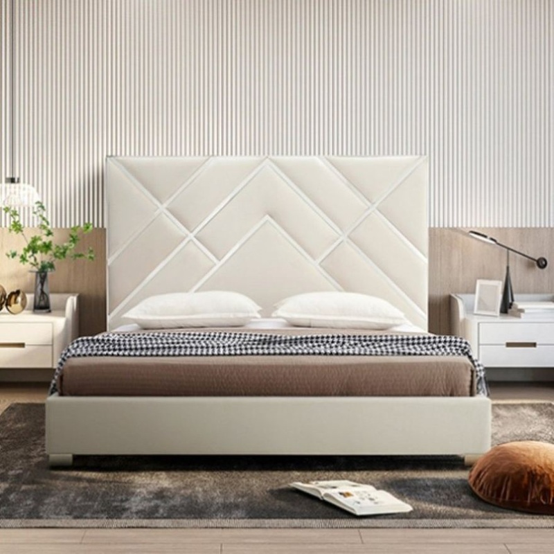 Matrix Bed Frame Fabric Padded Upholstery High Quality Slats Polished Stainless Steel Feet V43-BED-MATX-KBG