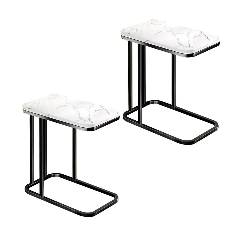 SOGA 2X 30x50x58cm White Ceramic Sofa Side Square Mini Table w/ Black Metal Legs SIDETAB25X2