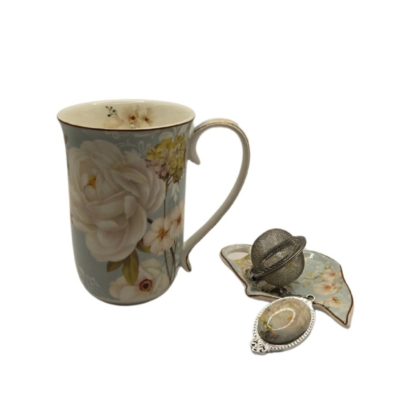 White Rose Fine Bone China Mug with Strainer – 405ml Floral Tea Cup V1026-KLCCW974-CW981