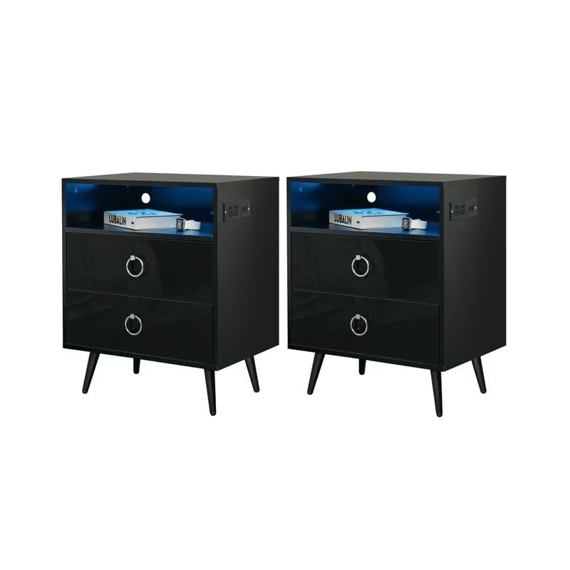 Amelia Modern LED Bedside table with USB and power socket black x 2 V195-NT-023-BK2