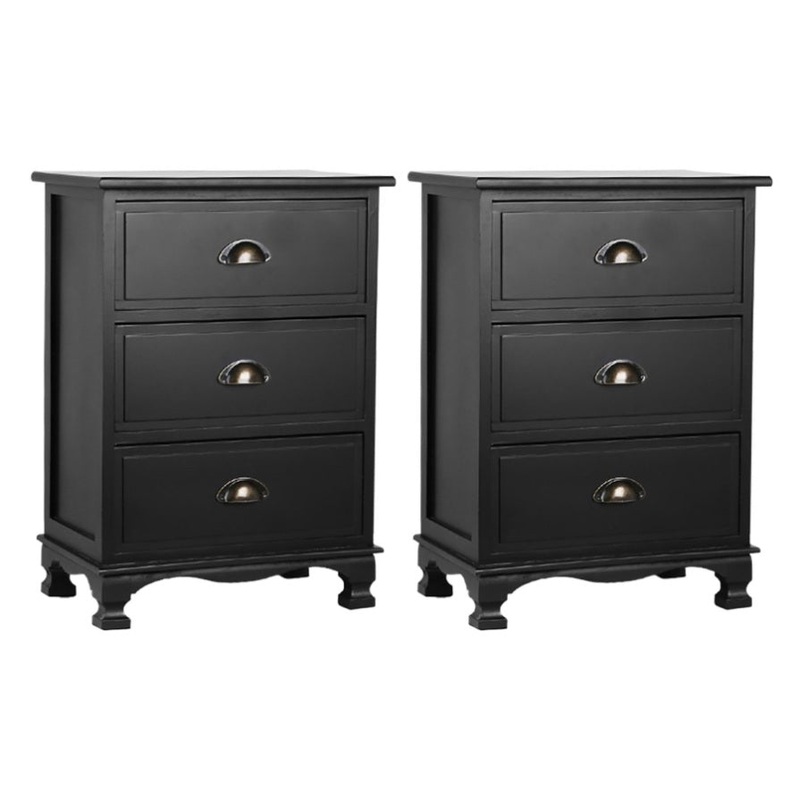 Artiss 2x Bedside Table 3 Drawers Vintage – THYME Black ST-CAB-B-3D-BKX2