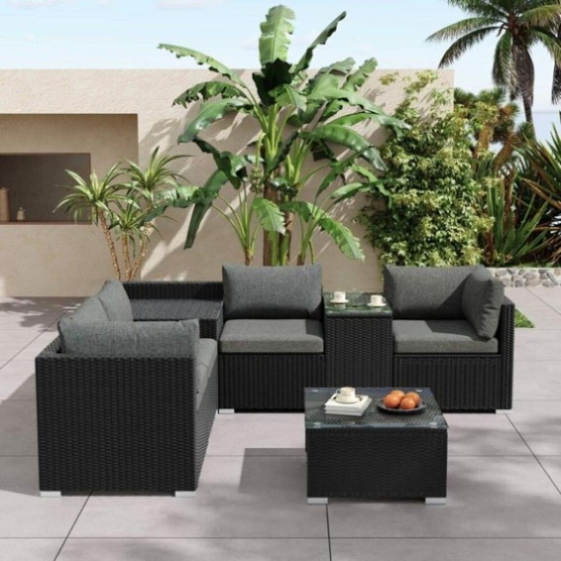 7PC Outdoor Wicker Loveseat Setting with Storage Corner V264-OTF-530S-BLK-OTF-508-BLK
