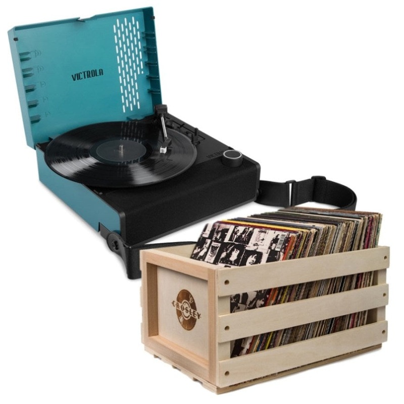 Victrola Revolution Go Turntable – Blue + Bundled Record Storage Crate V398-VTR-750SB-BLU-BSC