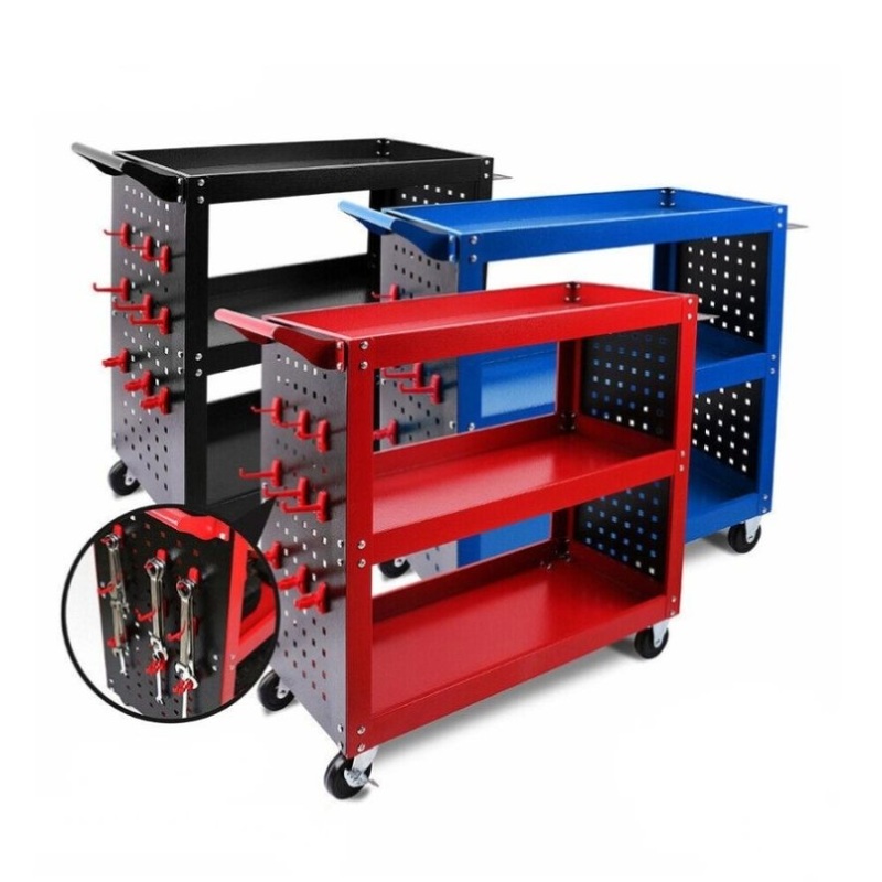 3-Tier Heavy Duty Steel Tool Trolley – Workshop Cart with Pegboard, Hooks and Locking Swivel Casters V465-95241