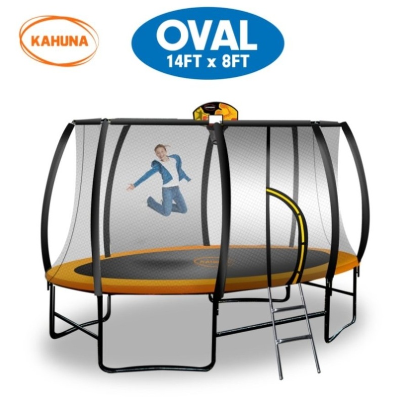 Kahuna Trampoline 8 ft x 14 ft Oval with Basketball Set – Orange TRA-FJP-OVL-814-BB