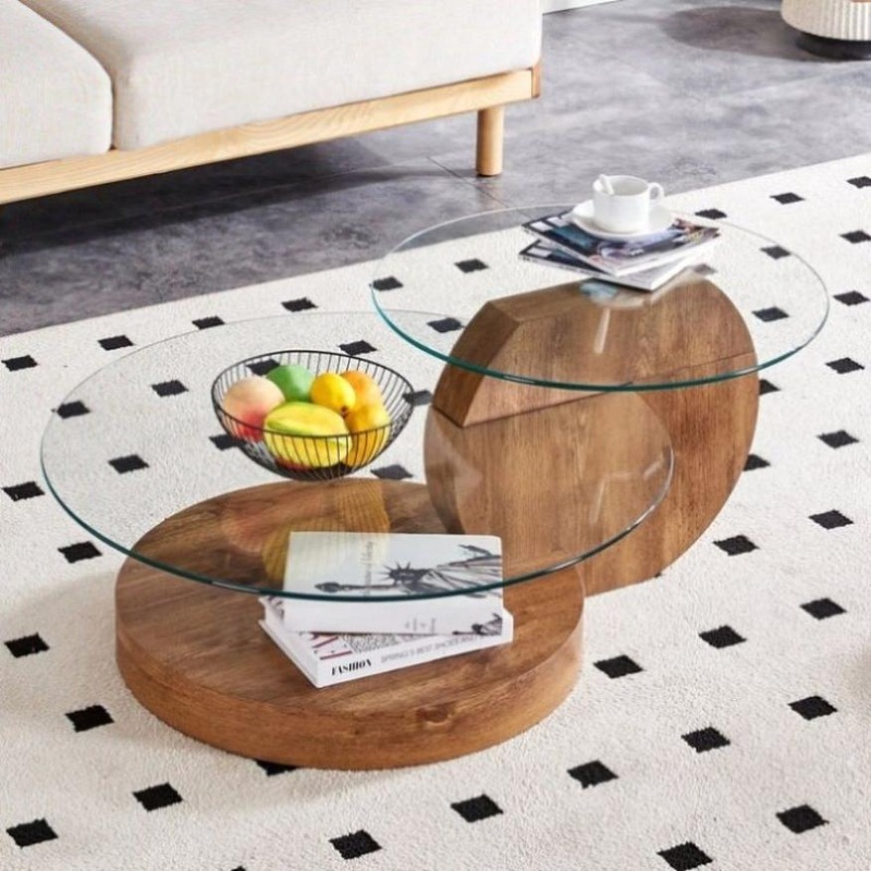 ‘MINORI’ Double Layer Clear Tempered Glass Dark Wood Grain Coffee Table V656-WF-09