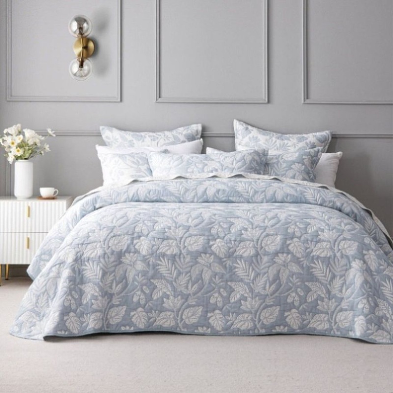 Bianca Laurieton Blue Jacquard Botanical Bedspread Set King Single V442-BCA-BEDSPREAD-LAURIETON-BLUE-KS