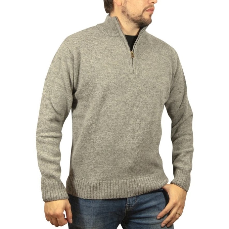 100% SHETLAND RAGG WOOL Half Zip Up Knit JUMPER Pullover Mens Sweater Knitted – Grey – M V563-SW-HZ-GRY21-M