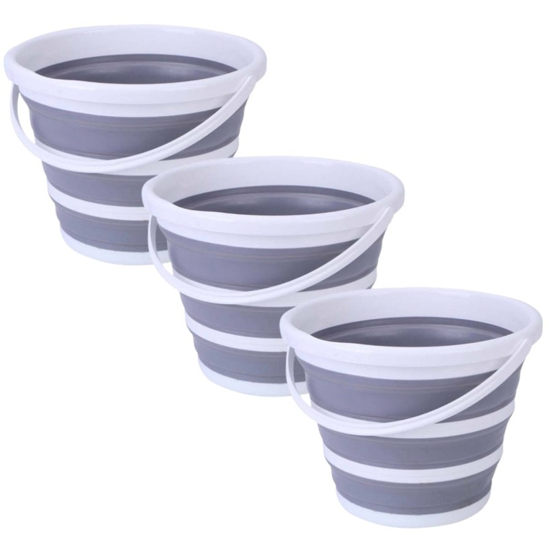 3x 10L Foldable Collapsible Bucket Silicone Hiking/Camping/Fishing – Grey/White V563-75197-3X