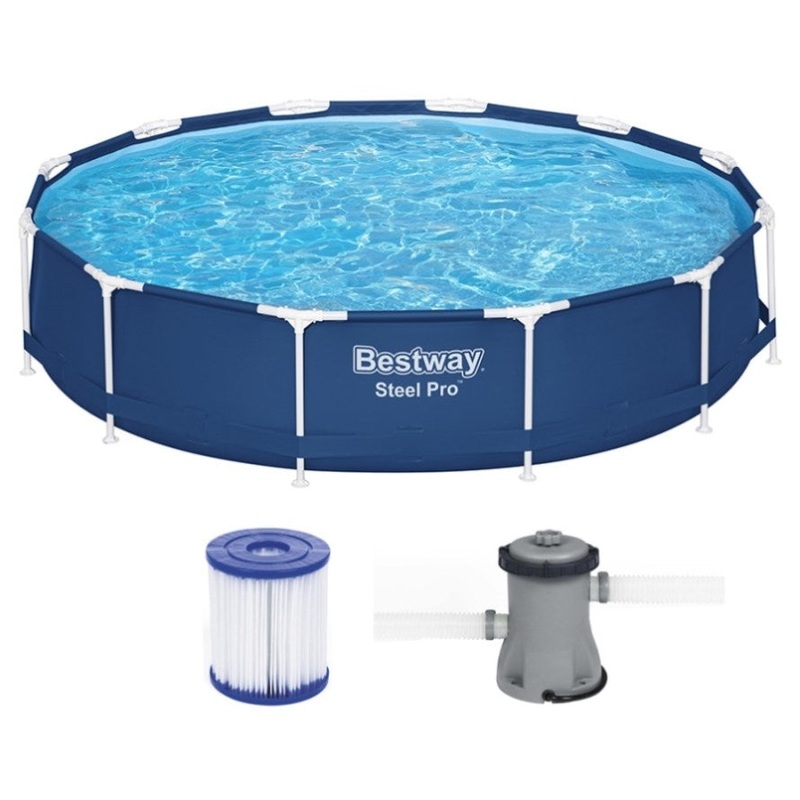 Bestway Swimming Pool 366x76cm Steel Frame Round Above Ground Pools w/ Filter Pump 6473L BW-POOL-366CM-56680