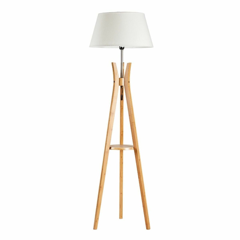 LARGE BAMBOO TRIPOD FLOOR LAMP Linen Shade Modern Light Vintage Wooden Scandi V563-BR-75099
