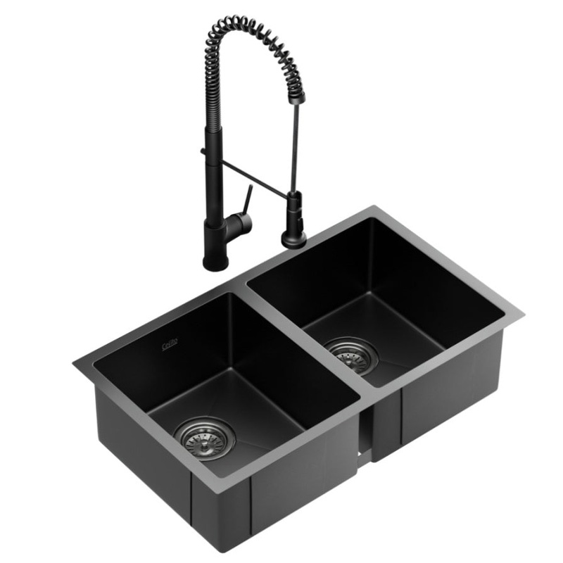 Cefito Stainless Steel Sink 77x45CM With Pull Out Mixer Tap Kitchen Double Bowl Black SINK-BLACK-7745-07