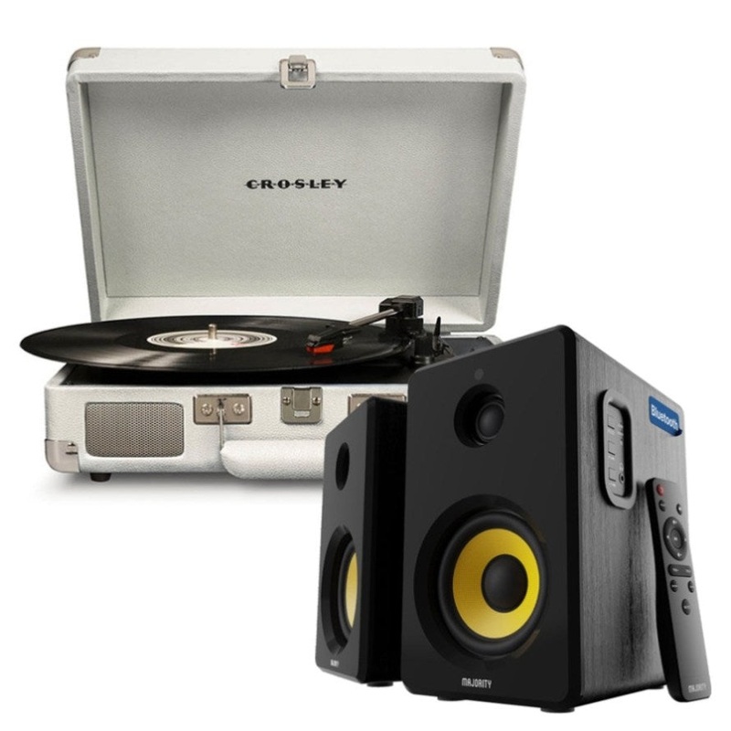 Crosley Cruiser Bluetooth Portable Turntable – White Sands + Bundled Majority D40X Bluetooth V398-CR8005FMY-WS4