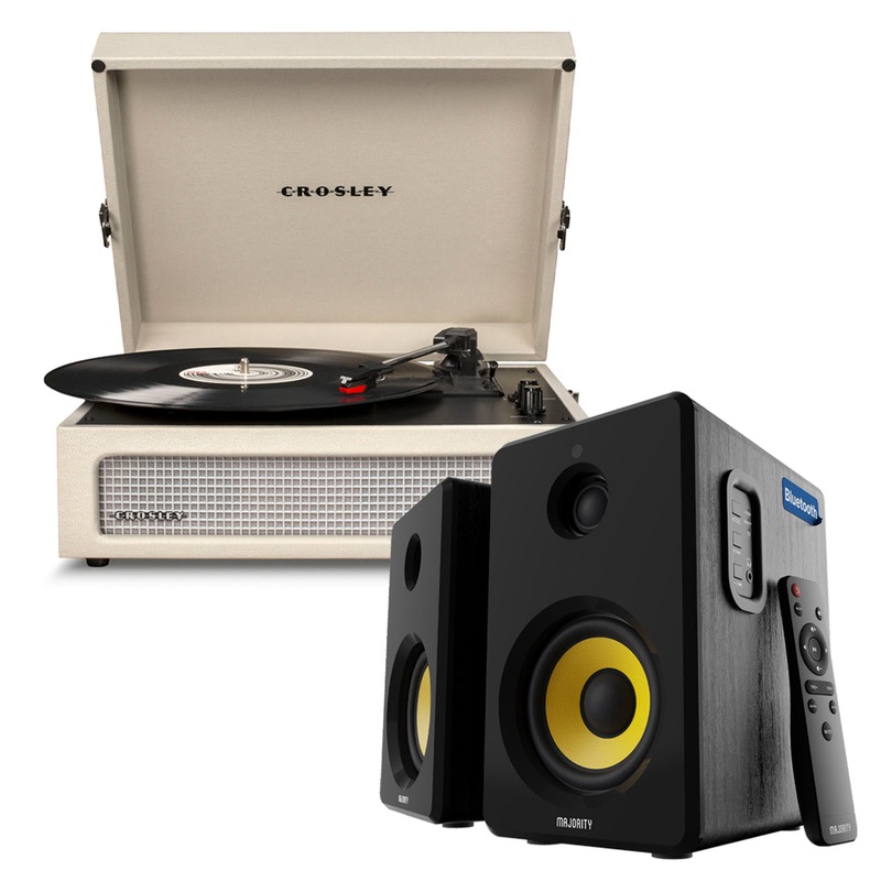 Crosley Voyager Bluetooth Portable Turntable – Dune + Bundled Majority D40X Bluetooth Speakers V398-CR8017BMY-DU4