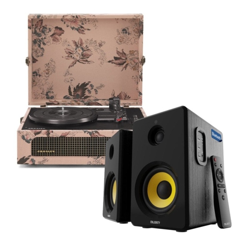 Crosley Voyager Bluetooth Portable Turntable – Floral + Bundled Majority D40X Bluetooth Speakers V398-CR8017BMY-FL4